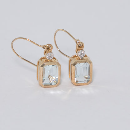 Vintage Ohrhänger 9KT Gelbgold Aquamarin &amp; Zirkon