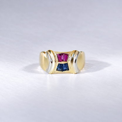 Vintage Rubin-Saphir-Ring massiv | 750 Gelbgold &amp; Weißgold, 18 KT