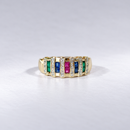 Vintage Ring mit Rubin, Saphiren, Smaragden &amp; Diamanten | 375 Gelbgold, 9 KT