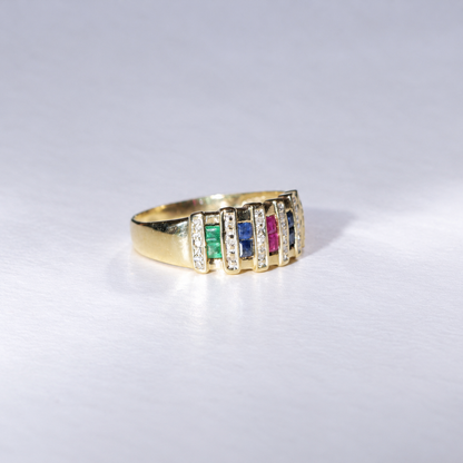 Vintage Ring mit Rubin, Saphiren, Smaragden &amp; Diamanten | 375 Gelbgold, 9 KT