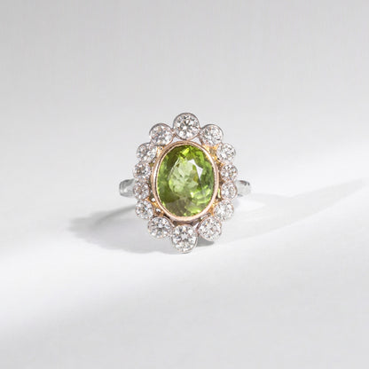 Vintage Art Déco Ring Peridot &amp; 2 ct Naturdiamanten | Platin &amp; 18K Gold