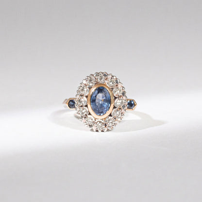 Art Déco Saphir Ring – 14K Gelbgold, Saphir &amp; Rosenschliff-Diamanten