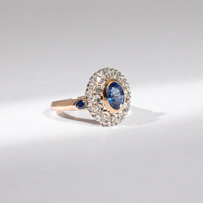 Art Déco Saphir Ring – 14K Gelbgold, Saphir &amp; Rosenschliff-Diamanten