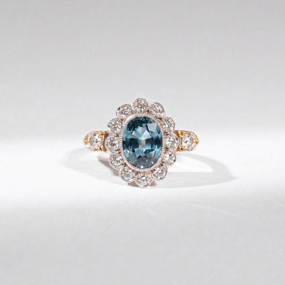 Art Déco Saphir Ring „Ocean Blue“ – 14K Gelbgold &amp; Rosenschliff-Diamanten
