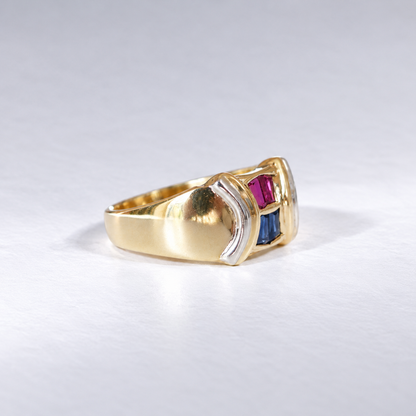 Vintage Rubin-Saphir-Ring massiv | 750 Gelbgold &amp; Weißgold, 18 KT