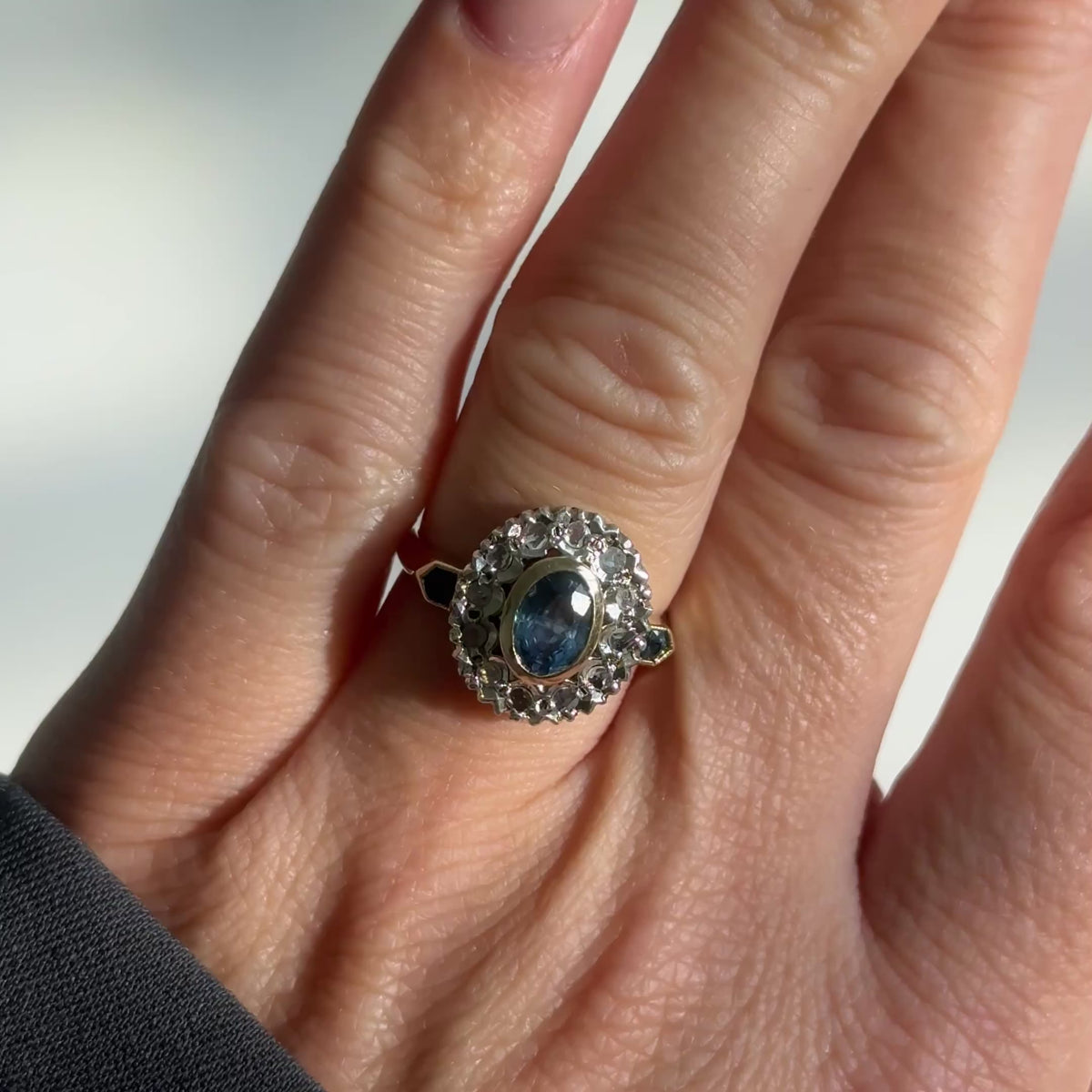 Art Déco Saphir Ring – 14K Gelbgold, Saphir &amp; Rosenschliff-Diamanten