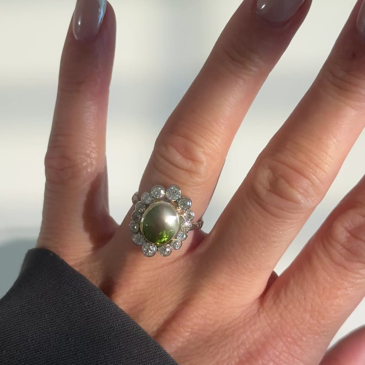 Vintage Art Déco Ring Peridot &amp; 2 ct Naturdiamanten | Platin &amp; 18K Gold