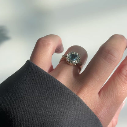 Art Déco Saphir Ring „Ocean Blue“ – 14K Gelbgold &amp; Rosenschliff-Diamanten